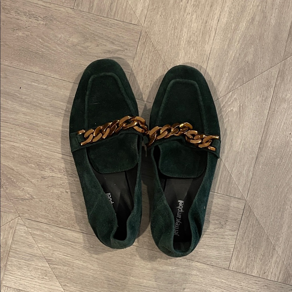 Jeffrey Campbell Size 9 Green Suede Convertible Loafers/Mules with Gold Chain